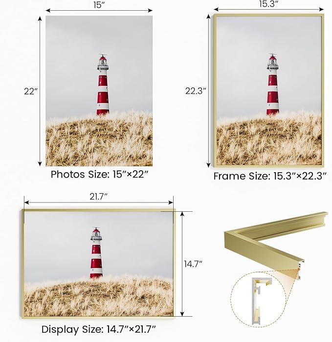 15x22 Aluminum Metal Picture Frame,Tempered Glass Gold Photo Frame 15x22 for Family Photo,Posters,Art,Document to Wall Mount Horizontally or Vertically