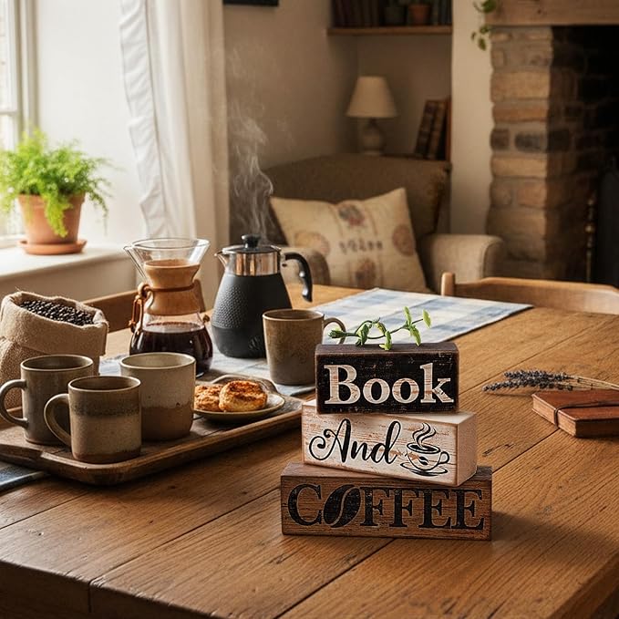 Moucuny 4 Pcs Farmhouse Table Decor Rustic Wooden "book and Coffee" Stacked Block Sign - Vintage Farmhouse Tiered Tray Decor with Coffee Cup & Bean Design, Perfect for Home Office Bookshelf Display