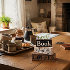 Moucuny 4 Pcs Farmhouse Table Decor Rustic Wooden "book and Coffee" Stacked Block Sign - Vintage Farmhouse Tiered Tray Decor with Coffee Cup & Bean Design, Perfect for Home Office Bookshelf Display
