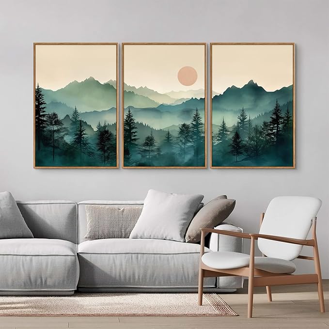 SIGNINART Large Boho Mountain Framed Canvas Wall Art Set, Nature Pine Tree Wall Painting, Abstract Foggy Forest Wall Decor, Modern Sunrise Art Prints for Bedroom Living Room and Office - 24"x36"x3