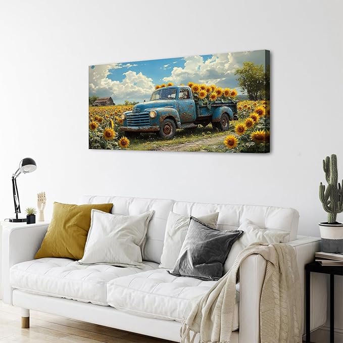 AIYISU Sunflower Wall Art Farmhouse Pictures Wall Decor Vintage Floral Prints Rustic Barn Truck Pictures Country Wildflower Canvas Painting Artwork for Bedroom Living Room Home Decoration 24x48