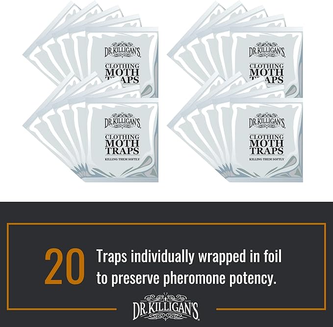 Dr. Killigan's Premium Double Potent Clothing Moth Traps with Pheromones Prime - Trap with Lure for Clothes Closets & Carpet - Case Making & Web Spinning Moth Prevention (20 Pack, Black)