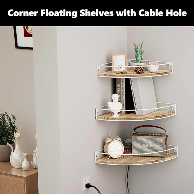 Corner Shelf Wall Mounted, Set of 3 Corner Floating Shelves with Cord Hole and Guardrail for Cable Box, Baby Monitor Pet Cameras, Speaker, Nursery Kitchen Living Room Bathroom, White