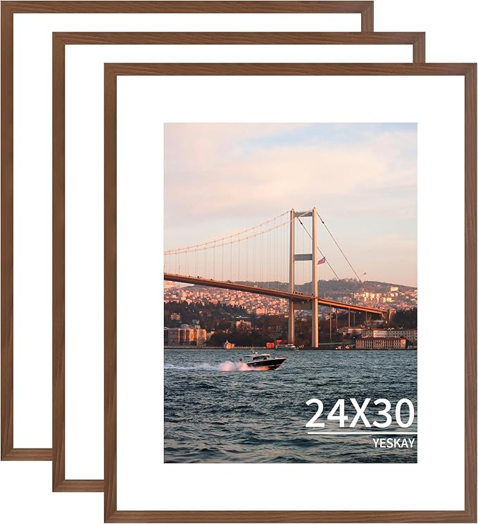 24x30 Picture Frame 3 Pack - Brown Poster Frame Display Pictures 18x24 with Mat or 24 x 30 Without Mat for Wall Hanging Horizontal and Vertical