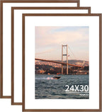 24x30 Picture Frame 3 Pack - Brown Poster Frame Display Pictures 18x24 with Mat or 24 x 30 Without Mat for Wall Hanging Horizontal and Vertical