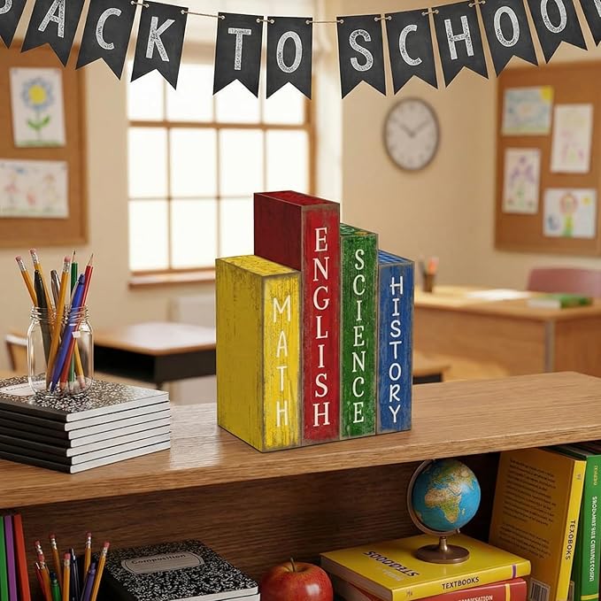 Lineshading 4 Pcs Back to School Table Decoration Wooden Subject Decoration Welcome Back to School Tiered Tray Decor Wood Book Sign Farmhouse for Class Party Home Shelf Coffee Table