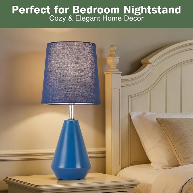 Small Bedside Table Lamp for Bedroom - Reading Desk Lamp with 3 Color Temperatures，15.5" Nightstand Ceramic Lamp with Fabric Shade for Kids Room,Living Room,Dorm,Home Office (Blue)