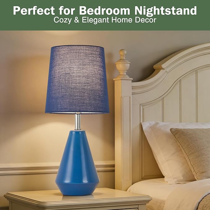 Small Bedside Table Lamp for Bedroom-Reading Desk Lamp Set of 2,with 3 Color Temperatures,15.5" Nightstand Ceramic Lamp with Fabric Shade for Kids Room,Living Room,Dorm,Home Office(Blue)