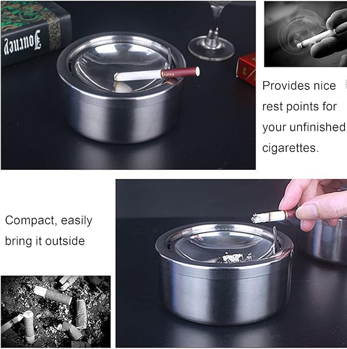 Outdoor Ashtray with Lid, Flip Top Stainless Steel Ash Tray, Metal Windproof Cigarette Ashtrays for Indoor or Outdoor Use, Desktop Ashtray Office Patio Home Decor
