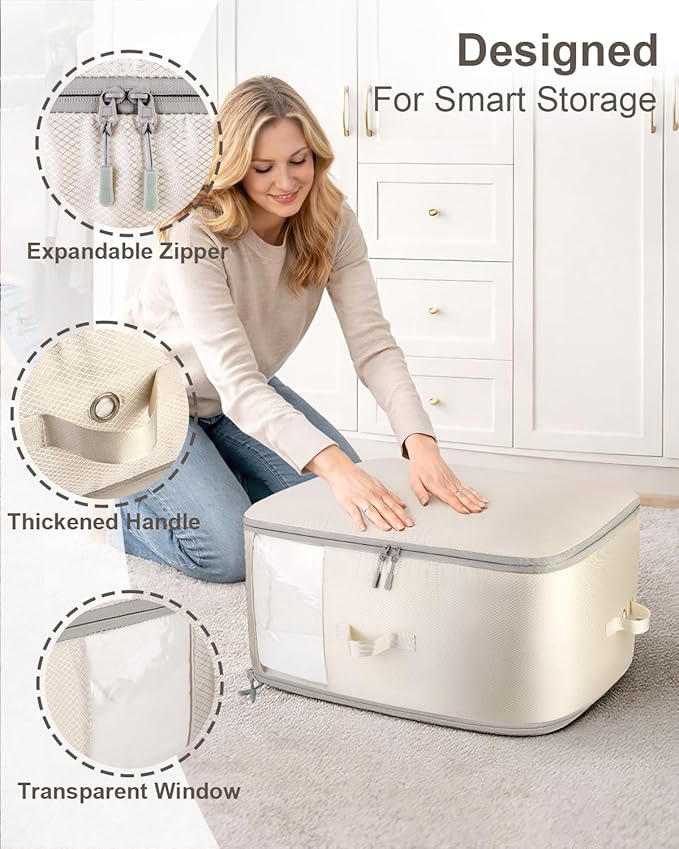 Comforter Storage Bag - 3-Layer Self Compression Organizer, 4-Pack Closet Organizers and Storage, Under Bed Space Saver, Blanket Organizer for Bedding, Pillow, Sheet, Clothes, Nursery Use