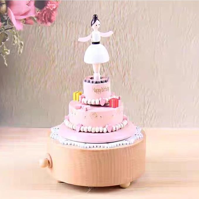 Natural Solid Wood Handcrafted Beech Wooden, Musical FigureTotoro/Carousel/Fairy/Ballerina Figurine,Rotating Hand Crank Mechanism Music Box,Musical Decorations (Lovely Girl's Birthday Cake)