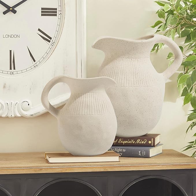 Ceramic Jug Vase, Small Farmhouse Pitcher Vase for Home Decor, Rustic Decorative Pottery Flower Vases with Handle, Centerpiece for Kitchen/Living Room/Bedroom/Office/Bookshelf/Mantel, Height 5.6"