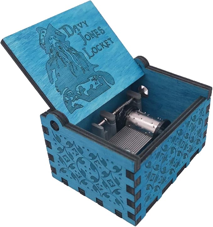 Davy Jones Locket Music Box Hand Crank Musical Box Carved Wooden,Play Davy Jone's Theme,Blue