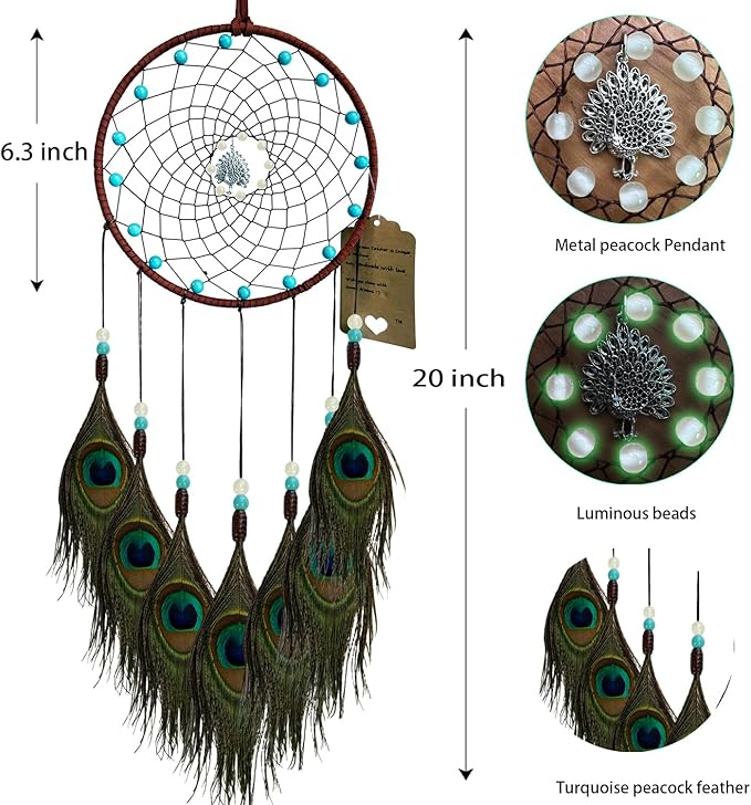 Dream Catchers Kids Room Wall Decor Dreamcatcher Handmade Peacock Feather for Girls Boys Bedroom Decoration Gift