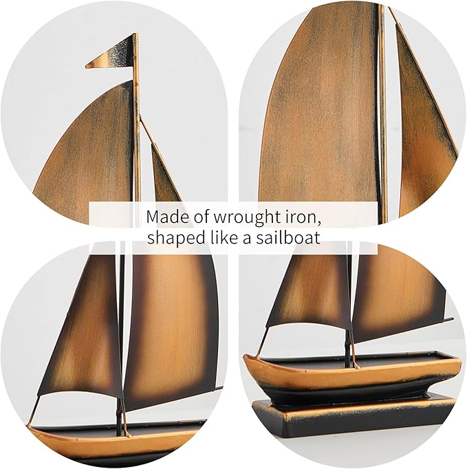 Retro Metal Sailboat Decor, Iron Nautical Sculpture for Home, Vintage Boat Figurine for Living Room Table, Office Desk, Bookshelf, Coastal Style Decoration (Brass)