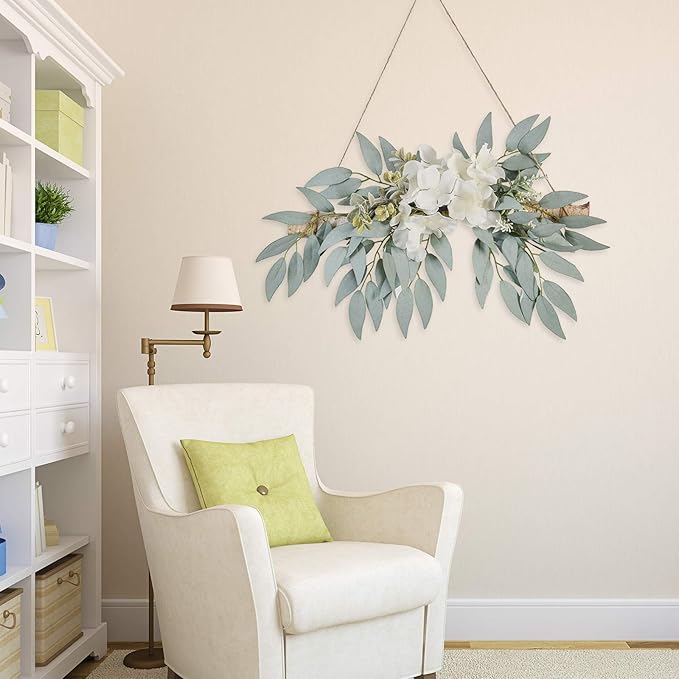 Artificial Hydrangea Swag,Handmade Floral Swag Garland Wall Decor with White Hydrangea Flowers and Willow Leaves Decorative Log Branch Hanging Hoop for Wall Window Bohemian,11.8