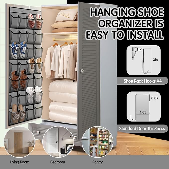 28 Compartment Over the Door Shoe Organizer, Breathable Mesh Large Shoe Rack for Closet Storage, Space Saving Hanging Shoe Holder with Reinforced Hooks (Fits Men & Women,Gray-01)