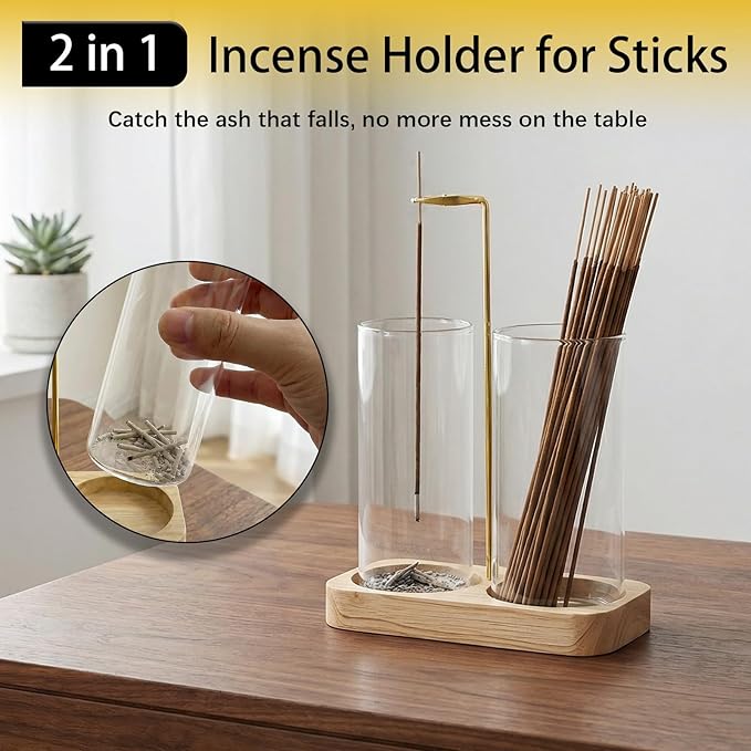 Incense Holder, 2 in 1 Wooden Incense Holder for Sticks with 20 Incense Sticks, Anti-ash Incense Burner with Glass Ash Catcher, Wood Incense Holder 20 Stick (2 in 1 Square)