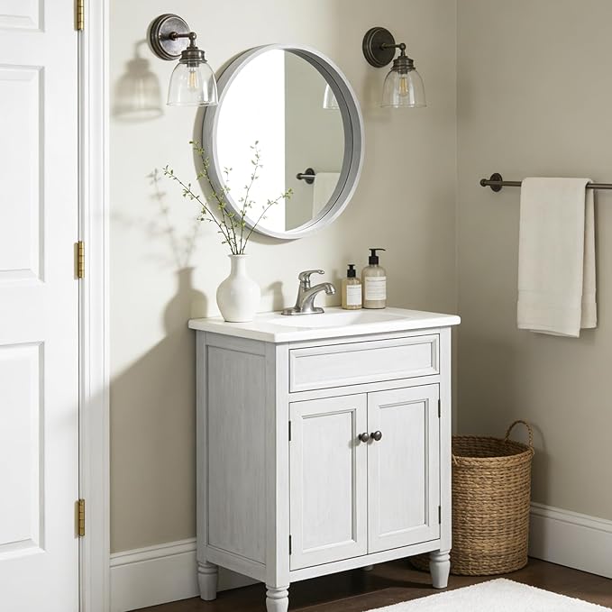 WallBeyond 24 Inch Round Wood Mirror, Circle Wooden Frame Wall Mirror for Bathroom, Living Room, Bedroom, Entryway (White)