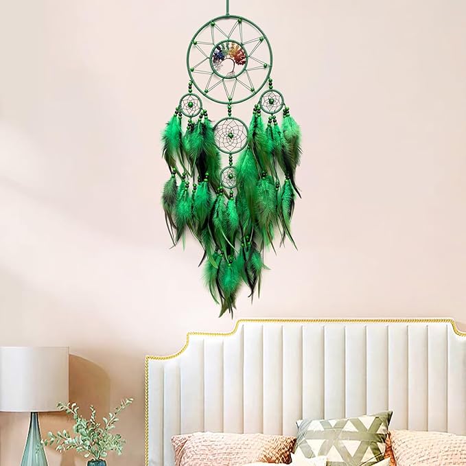 Green Large Dream Catcher Wall Decor Crystal Tree of Life Dream Catchers Handmade Feather Dreamcatcher Wall Hanging Ornament for Bedroom Living Room Home Decor