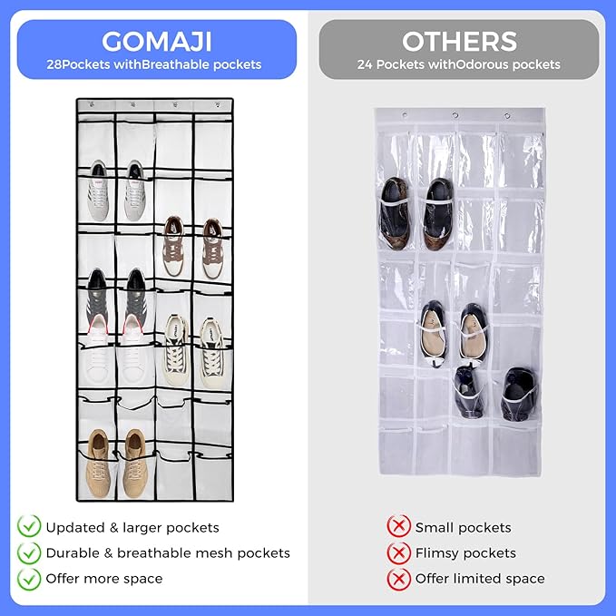 28 Large Pockets Over the Door Shoe Organzier, Hanging Shoe Organizer for Door Large Capacity Shoe Storage Bag with 4 Metal Hooks