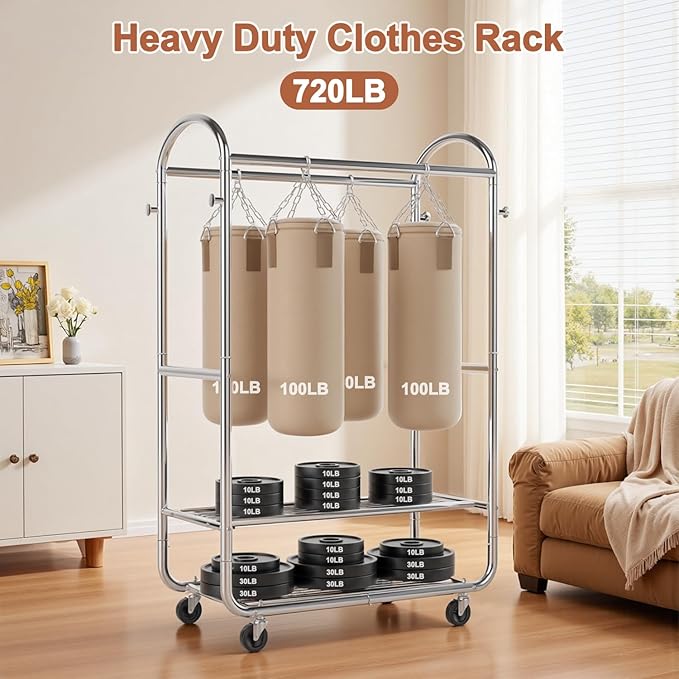 EAGMAK Heavy Duty Clothing Racks for Hanging Clothes 720 Lbs, Rolling Clothes Rack Double Rod Garment Rack with Lockable Wheels, Metal Closet Organizer for Bedroom, Laundry, Retail, Silver