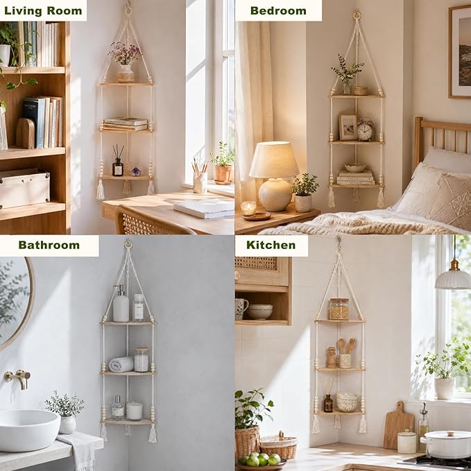 Artilady Macrame Corner Shelf Wall Hanging 3-Tier, Adjustable Boho Wood Plant Shelves Display for Indoor Candle Holder, Bedroom Living Room Home Decor (Beige 3-Tier Beads)