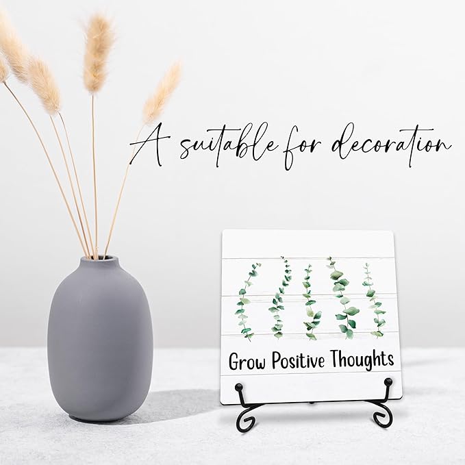 Grow Positive Thoughts Wooden Sign - 5" Inspirational Quotes Wooden Plaque With Metal Support - Greenery Rustic Tabletop Home, Office, Classroom Decor - Housewarming Gifts For Family & Friends - A03