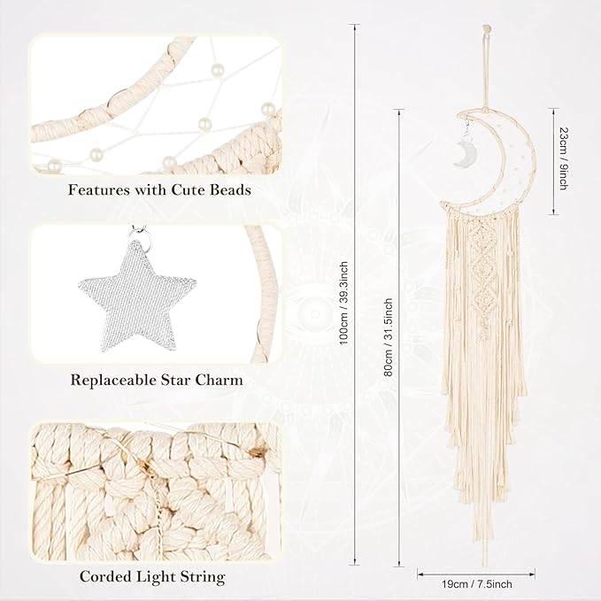 ANROYE Boho Macrame Woven Wall Hanging, Crochet Crescent Moon Star Dream Catcher with Long Tassel- White Cotton Handmade Bohemian Nursery Decor Decoration Art Craft for Kids Bedroom Dorm Room