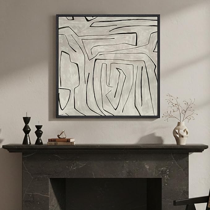 Framed Black and Beige Neutral Abstract Wall Art, Square Modern Canvas Prints Painting Artwork for Walls, Minimalist Abstract Line Picture for Bedroom Dining Lounge Living Room Wall Decor 24x24 In