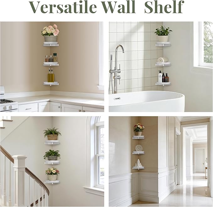 BXF Floating Plant Shelves for Wall Set of 3, Heavy Duty Matte White Corner Wall Planters for Indoor Plants, Minimalist Round Corner Shelf with Safety Guardrail, Rust-Proof Hanging Plant Holder