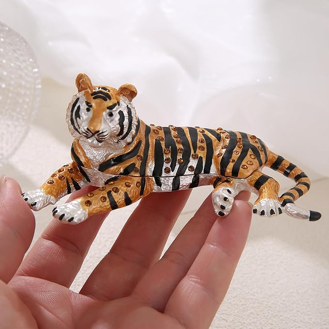 Hand Painted Trinket Box for Home Decor Accents, Enamel Hinged Jewelry Box for Bookshelf Office Table Desk Decoration, Classical Figurine Collectible Keepsake Animal Sculptures (Lying Tiger)