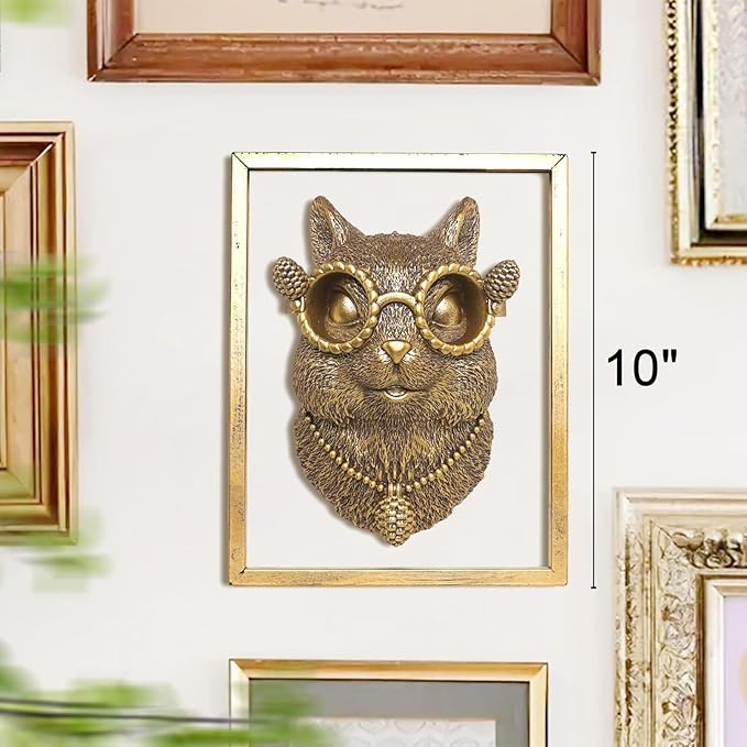 Newinhome Animal Heads Wall Decor (Includes Metal Frame) Resin Animals Sculptures Head Wall Hanging Decoration Gold vintage Wall Sculpture for Living Room Bedroom Office(Squirrel)