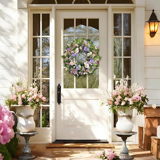 24 Inch Spring Summer Wreaths for Front Door, Purple Pink Hydrangea Wreath with Wildflowers Purple Forsythia, Artificial Silk Floral Wreath Farmhouse Rustic Decor for Outdoor Wall Window Home
