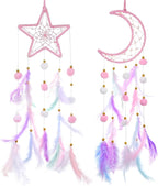 ElevateTech Pink Dream Catcher Wall Hanging Set, 2 Pcs Moon Star Pompom Feather Dreamcatcher Wall Decor Handmade Dream Catchers Boho Room Decor for Bedroom, Nursery Walls Art Birthday Gifts