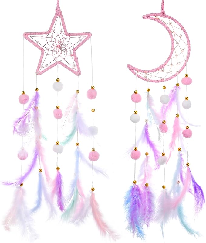 ElevateTech Pink Dream Catcher Wall Hanging Set, 2 Pcs Moon Star Pompom Feather Dreamcatcher Wall Decor Handmade Dream Catchers Boho Room Decor for Bedroom, Nursery Walls Art Birthday Gifts