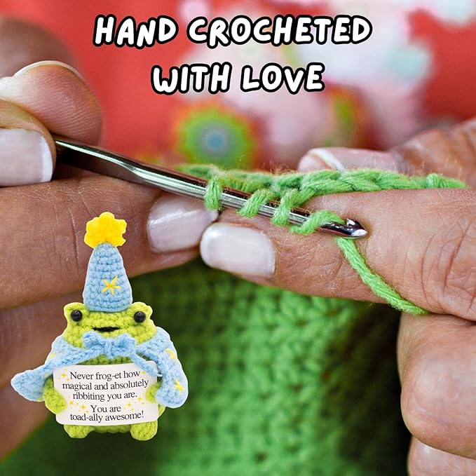 Handcrafted Crochet Magical Frog Lover Doll, Small Decorative Plush Figure, Yarn Material, Wizard Witch Theme, Inspirational Signs, Stocking Stuffer for Her Women