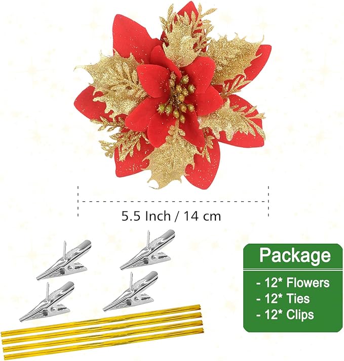 Gardeningwill Pack of 12 Red 5 Inch Glitter Flower Shape Christmas Hanging Ornaments Party Decorating Supplies