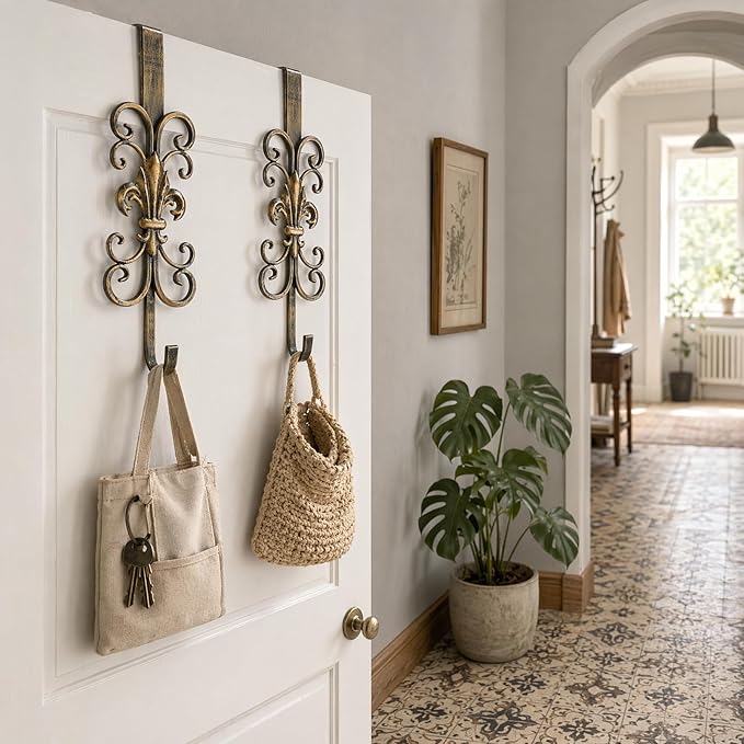 Jemeni 2 Pack 16" Wreath Hanger for Front Door, Metal Over The Door Wreath Hanger, Fleur Dis Lis Wreath Door Hanger, Door Hanger for Wreath with Scroll Design, Antique Gold