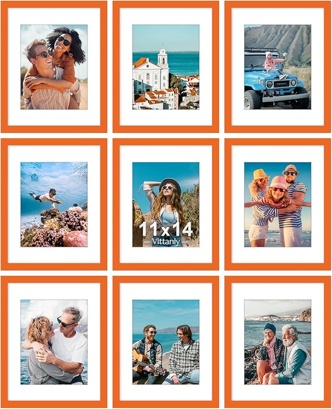 Vittanly 11x14 Picture Frames Set of 9, Shatter Resistant Plexiglass, Display 8x10 Pictures with Mat or 11x14 without Mat, Photo Frames for Wall or Tabletop, Engineered Wood, Orange