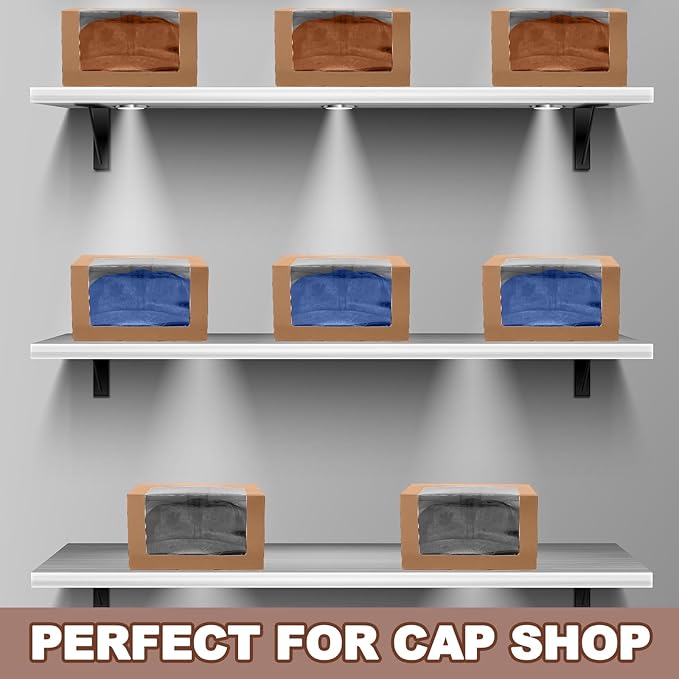 50 Pcs 50 Pack Hat Boxes with Clear Window, Foldable Black Gift Boxes for Baseball Caps, Storage, Display and Shipping (Brown)