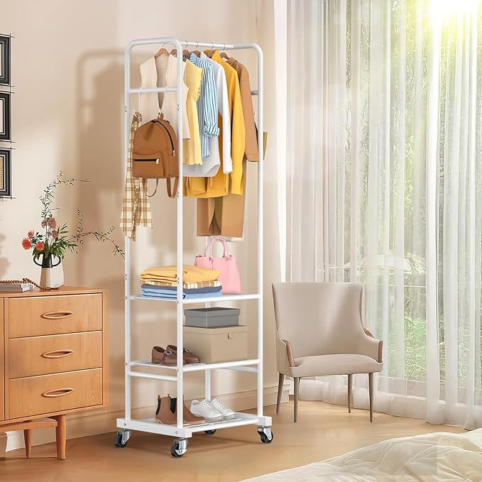 Clothes Rack with Wheels, Freestanding Garment Rack with 3 Metal Shelves for Hanging Clothes, Portable Hanging Rod for Small Room, Bedroom, Bathroom (White)