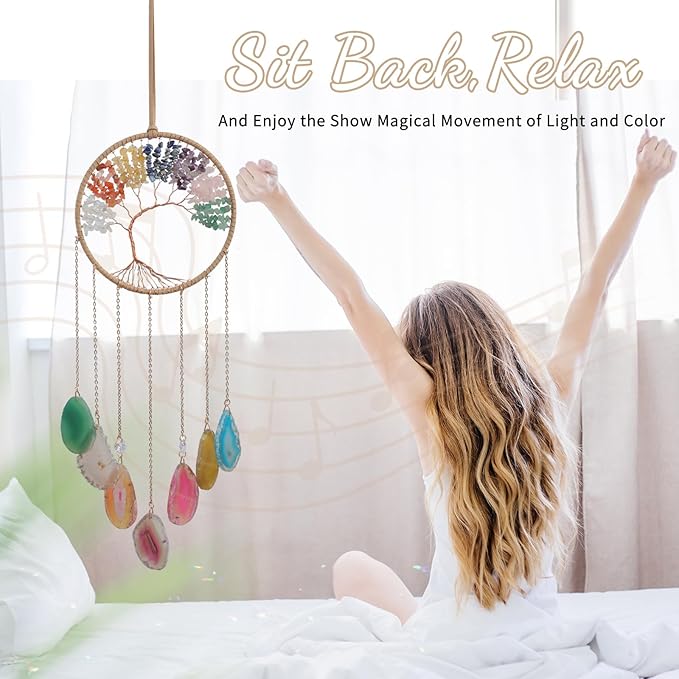 7 Chakra Crystal Tree of Life - Dreamsum Moon Dream Catchers with Chakra Agate Stone, Crystal Tree Life Wind Chimes Wall Hangings Decor for Bedroom Wedding Party Festival Blessing Gift
