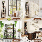 BON AUGURE 5-Tier Corner Ladder Shelf Stand, Black Metal Wood Corner Bookshelf, Narrow Tall Display Bookcase Shelving Unit for Living Room, Home Office, Small Space (Rustic Oak)