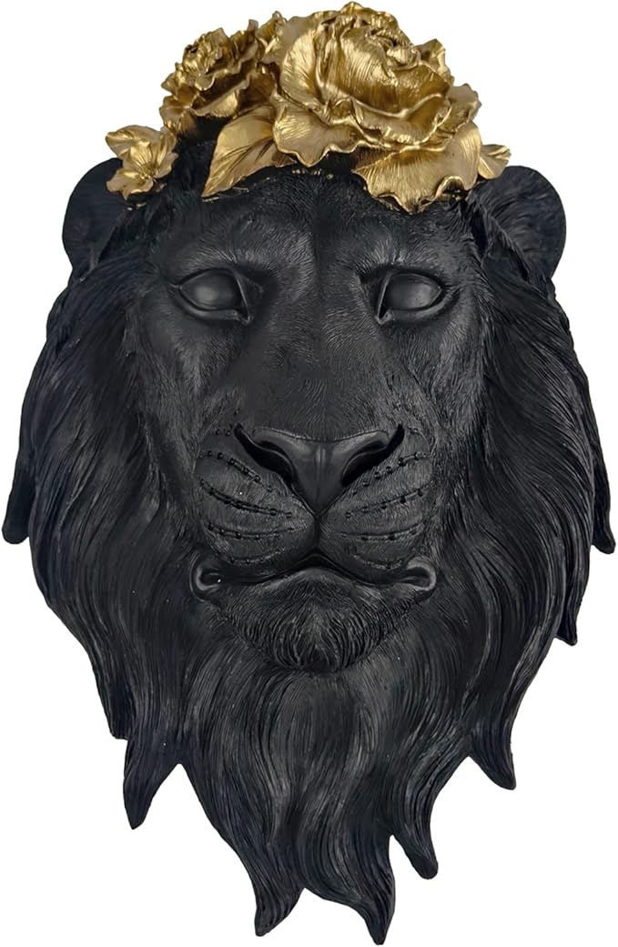 GUSFREUD Black Animal Heads Sculptures Wall Art - Resin Faux Lion for Home Wall Decor, Lion Wall Hanging Decoration for Living Room, Bedroom & Kitchen, Unique Gift Idea