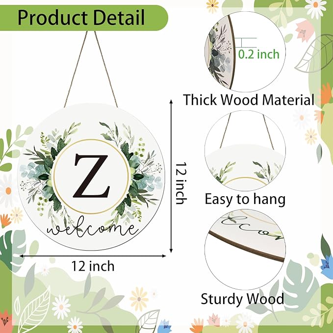 Monogram Letter Z Wreaths for Front Door Wreath Wooden Welcome Sign for Front Door Decor Floral Family Last Name Initial House Warming Spring Summer Porch Rustic Wall Home Kitchen Boho Decorations