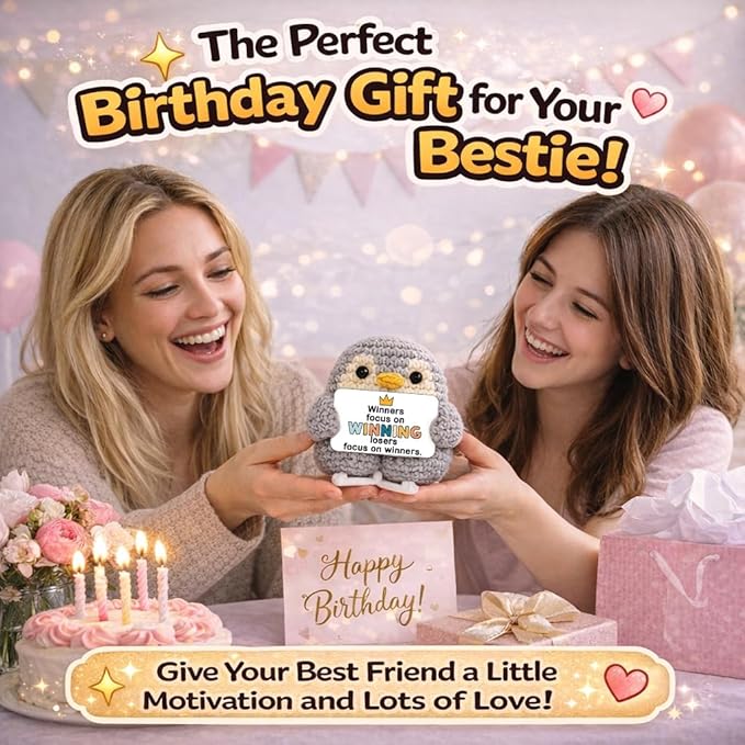 Funny Friendship Gift - Cute Crochet Penguin with 30 Badass Affirmation Cards for Women Best Friends Bestie Coworkers - Birthday Gifts, Easter Basket Stuffers, Emotional Support Animal Gift for Her