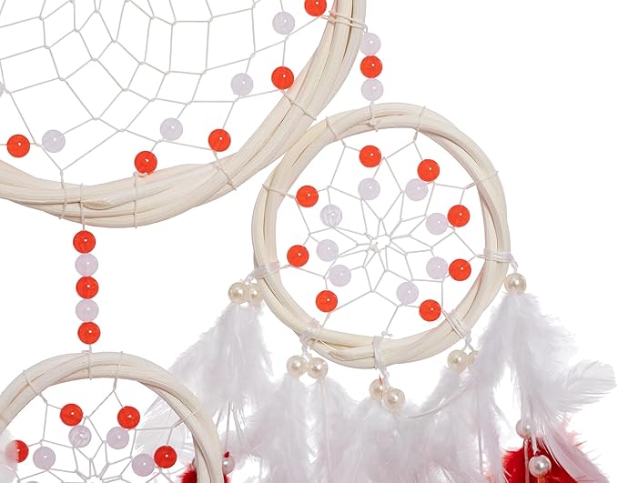 Large Rattan Dream Catchers - Deep Red Rooster Feather with Luxury Pearl, Multiring, Handmade Dreamcatcher for Bedroom, Dream Catcher for Girls, Dream Catchers for Boys, Dream Catcher Wall Decor