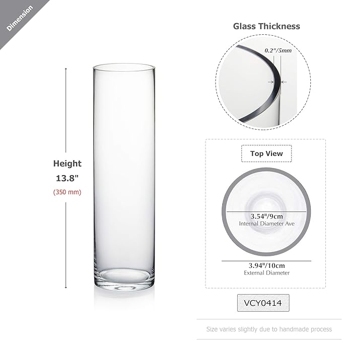 WGVI Quality Thick Weighted Tall Clear Cylinder Glass Vases, 4" W x 14" H, Flower Arrangement Floating Candle Holders Wedding Centerpieces Floral Container Home Decor, Bulk Wholesale, 12 Pcs