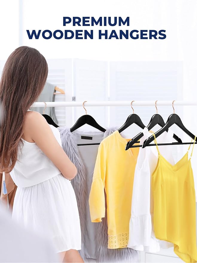 Smartor Wooden Hangers 20 Pack, Solid Wood Coat Hanger for Closet, Heavy Duty Wood Hangers for Suits, Shirts, Dresses, with 360° Rose Gold Hook, Non Slip Pant Bar, Black
